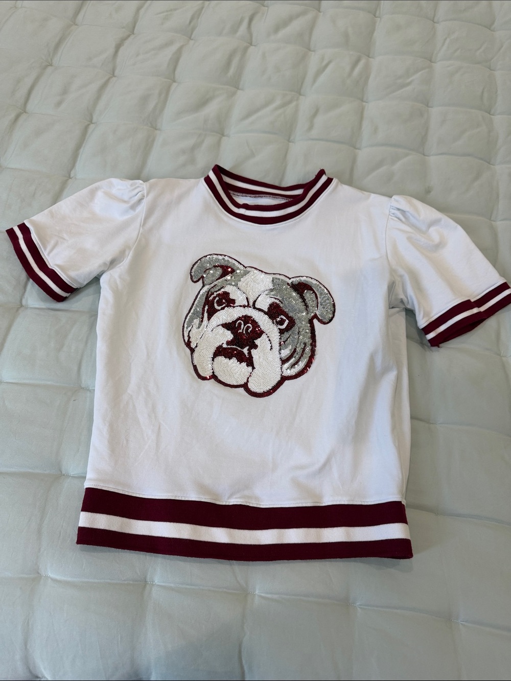 White Kids Short Sleeve Tee with Bulldog Graphic and Maroon Trim